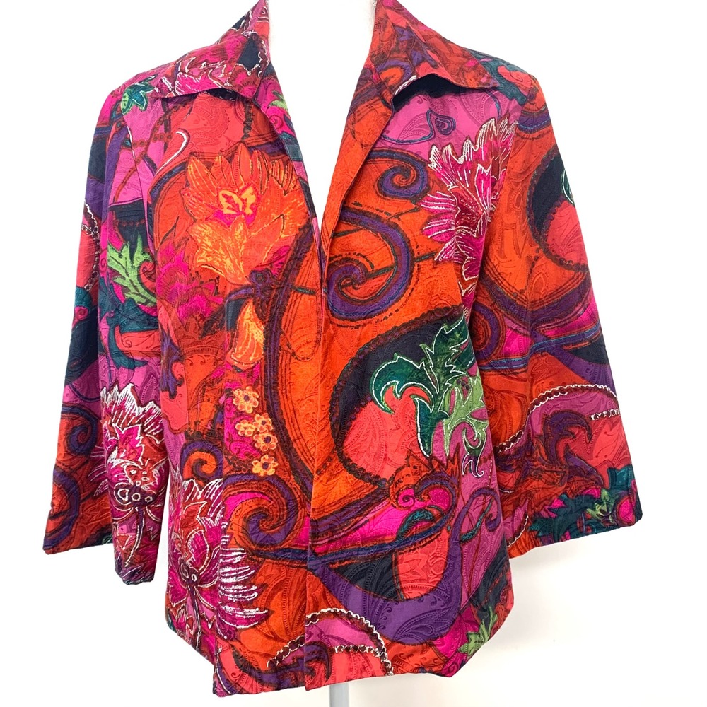 Chicos Silk Cotton Paisley Floral Open Front Jacket Blazer Red Sz 2 US Large